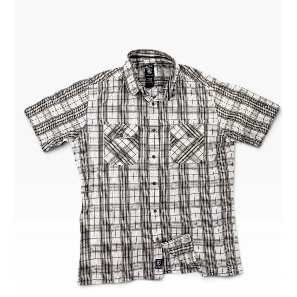 Kuhl Men's Short Sleeve Button Shirt Hiking Outdoors L White Gray Plaid Gorpcore